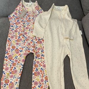 Purebaby Zip Growsuit 2 Pack Sz 6-9 Mod Pansy Print & Pink Dot NWT One Piece